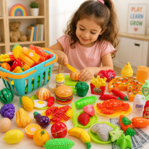 70 PCS Cutting Play Food Toy for Kids Kitchen, Pretend Fruit &Vegetables Accessories with Shopping Storage Basket, Plastic Mini Dishes, Educational Toy for Toddler Children Birthday Gift